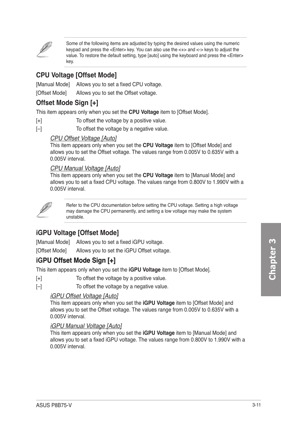 Chapter 3, Cpu voltage [offset mode, Offset mode sign | Igpu voltage [offset mode, Igpu offset mode sign [+] pu offset mode sign | Asus P8B75-V User Manual | Page 69 / 133