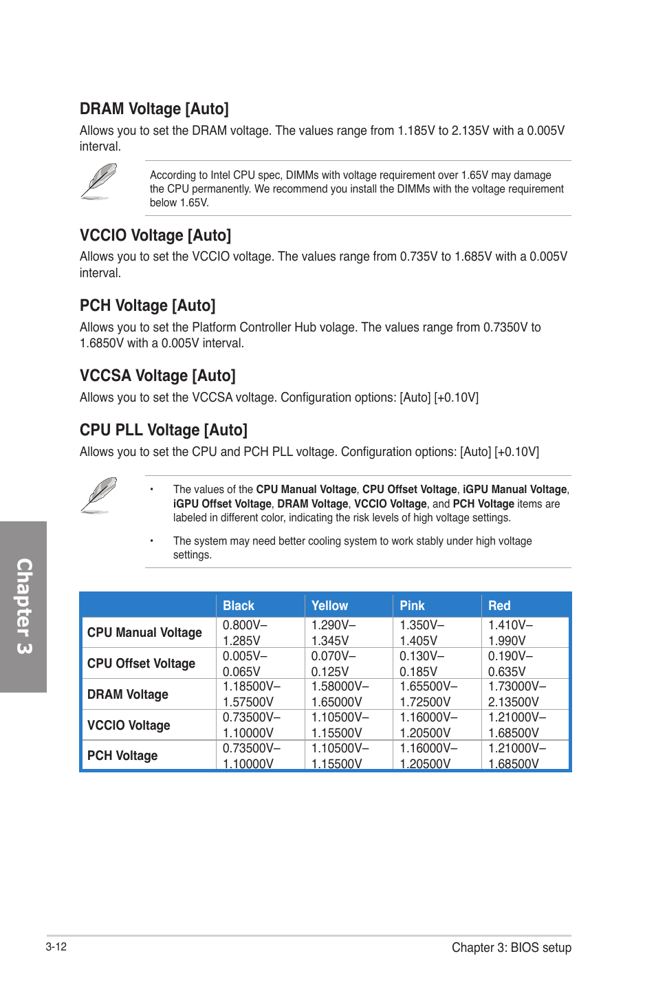 Chapter 3, Dram voltage [auto, Vccio voltage [auto | Pch voltage [auto, Vccsa voltage [auto, Cpu pll voltage [auto | Asus P8B75-V User Manual | Page 70 / 133