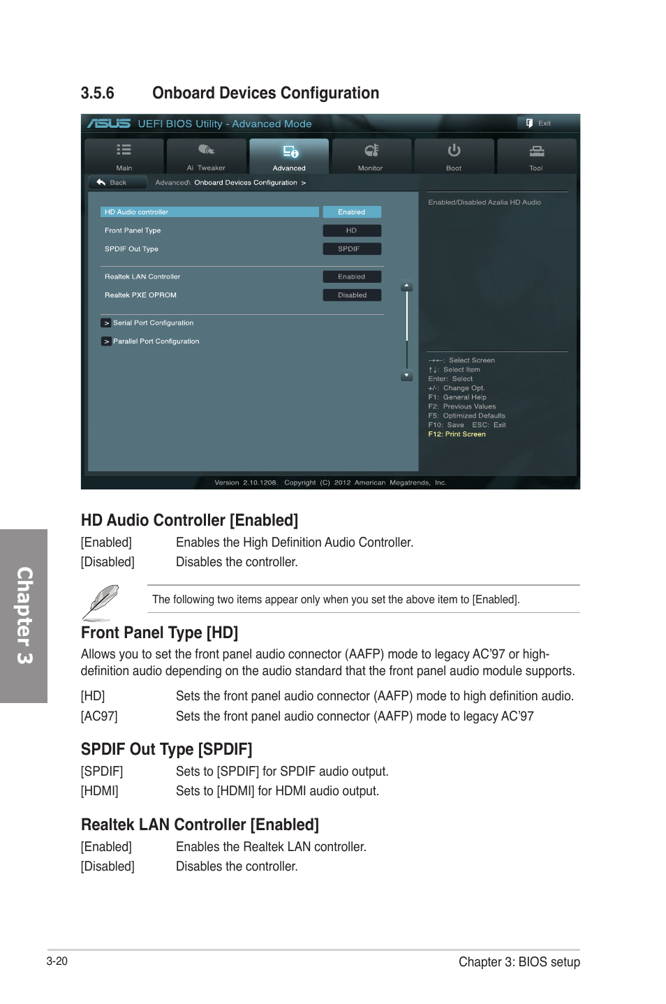 6 onboard devices configuration, Onboard devices configuration -20, Chapter 3 | Hd audio controller [enabled, Front panel type [hd, Spdif out type [spdif, Realtek lan controller [enabled | Asus P8B75-V User Manual | Page 78 / 133
