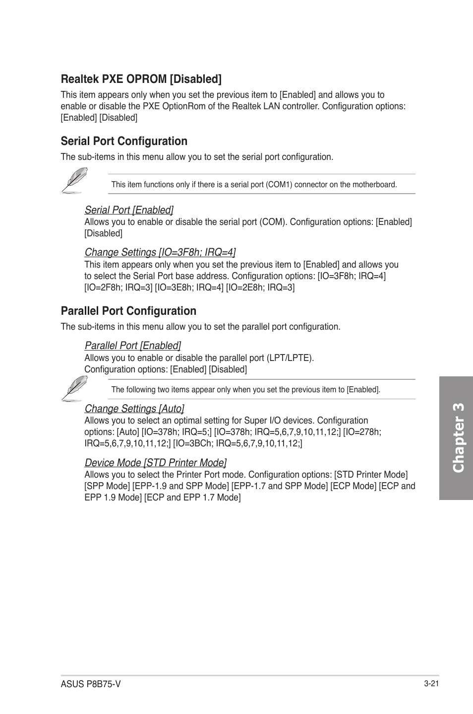 Chapter 3, Realtek pxe oprom [disabled, Serial port configuration | Parallel port configuration | Asus P8B75-V User Manual | Page 79 / 133