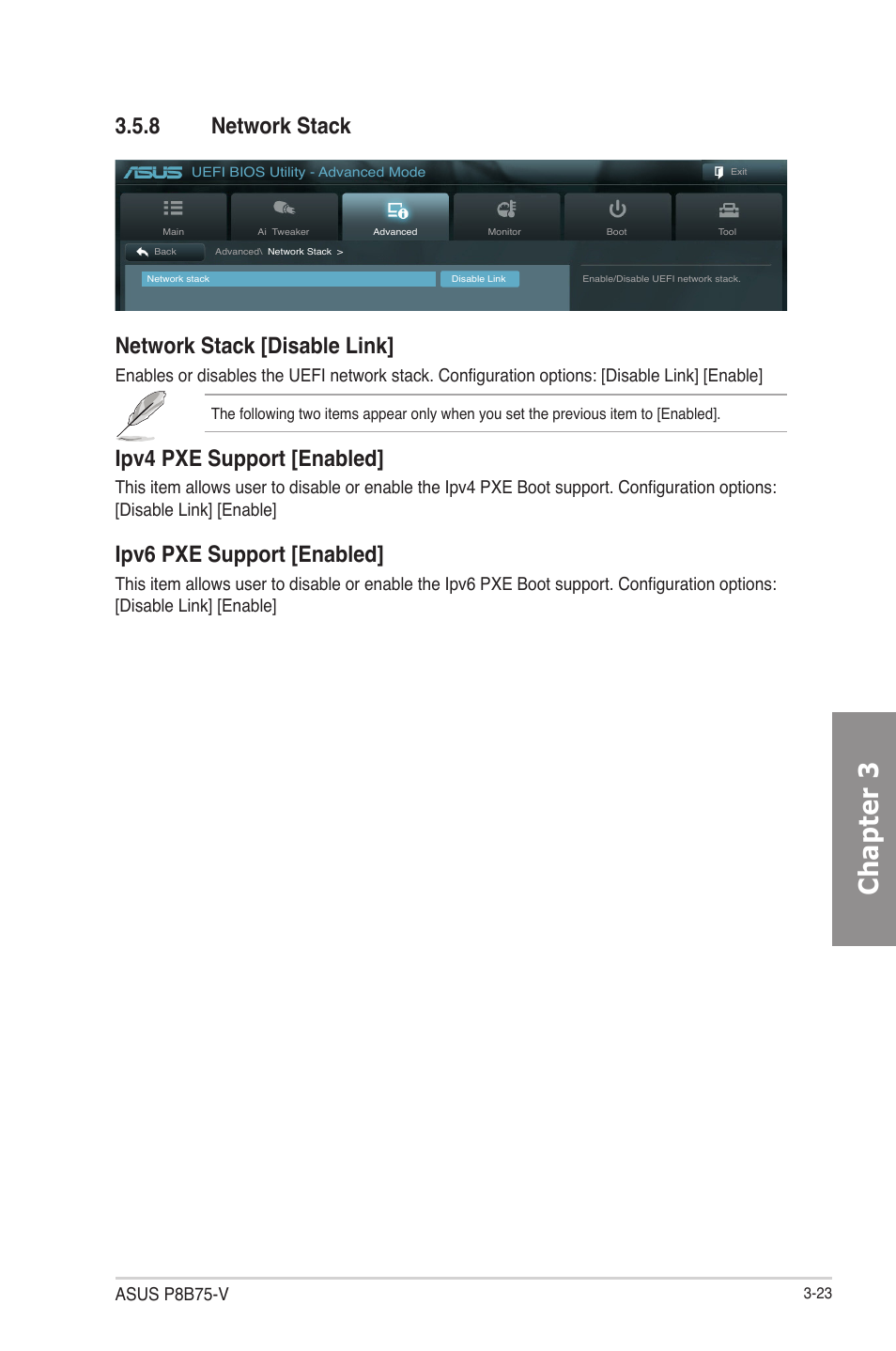 8 network stack, Network stack -23, Chapter 3 | Network stack [disable link, Ipv4 pxe support [enabled, Ipv6 pxe support [enabled, Asus p8b75-v | Asus P8B75-V User Manual | Page 81 / 133