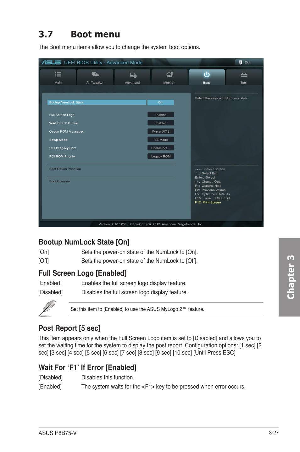 7 boot menu, Boot menu -27, Chapter 3 3.7 boot menu | Bootup numlock state [on, Full screen logo [enabled, Post report [5 sec, Wait for ‘f1’ if error [enabled | Asus P8B75-V User Manual | Page 85 / 133