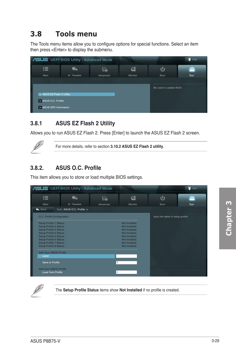 8 tools menu, 1 asus ez flash 2 utility, Asus o.c. profile | Tools menu -29, Asus ez flash 2 utility -29, Asus o.c. profile -29, Chapter 3 3.8 tools menu | Asus P8B75-V User Manual | Page 87 / 133