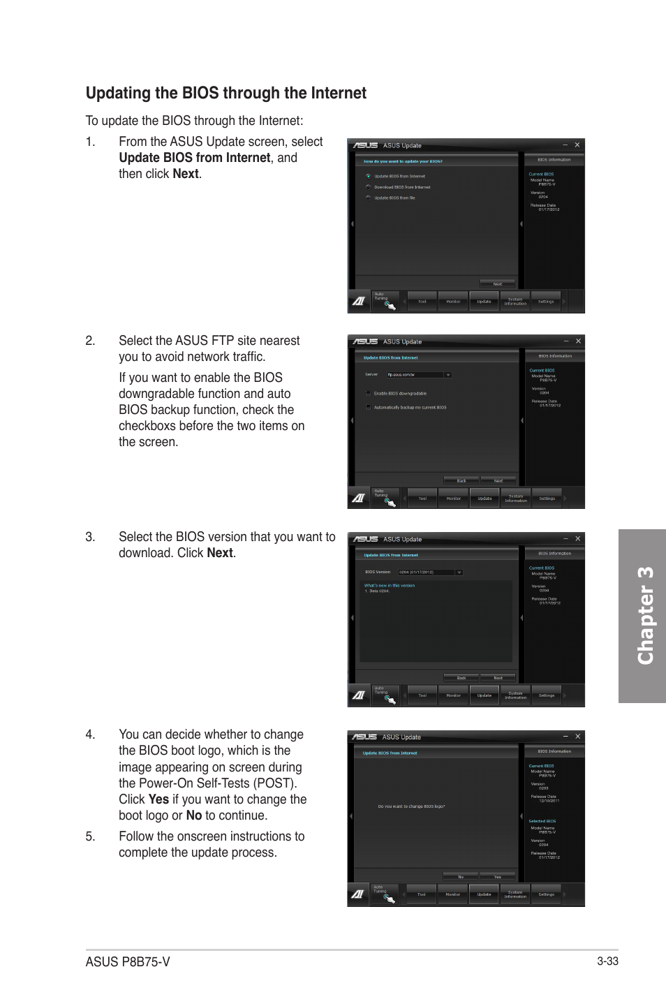 Chapter 3, Updating the bios through the internet | Asus P8B75-V User Manual | Page 91 / 133