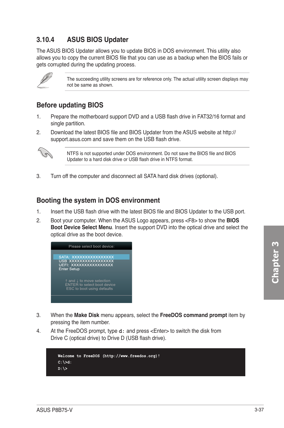 4 asus bios updater, 4 asus bios updater -37, Chapter 3 | Booting the system in dos environment, Before updating bios | Asus P8B75-V User Manual | Page 95 / 133