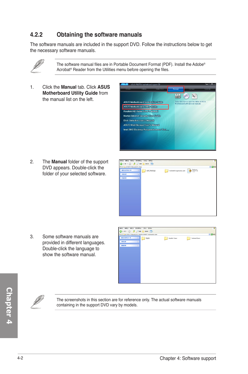 2 obtaining the software manuals, Obtaining the software manuals -2, Chapter 4 | Asus P8B75-V User Manual | Page 99 / 133