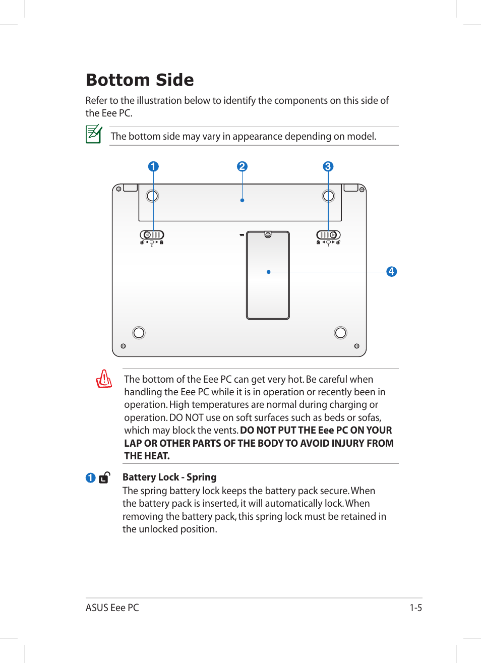 Bottom side, Bottom side -5 | Asus Eee PC 1005HA User Manual | Page 13 / 60