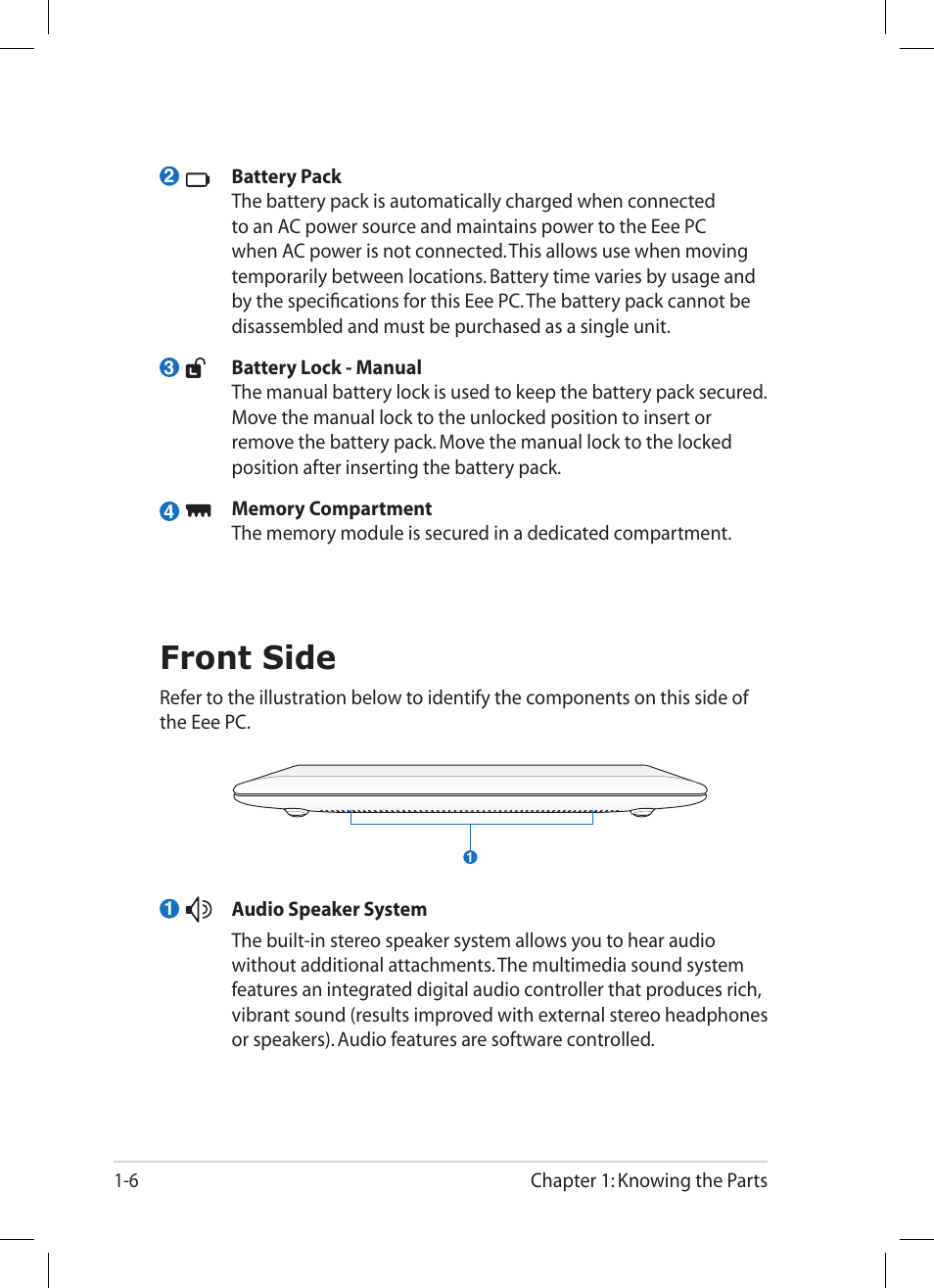 Front side, Front side -6 | Asus Eee PC 1005HA User Manual | Page 14 / 60