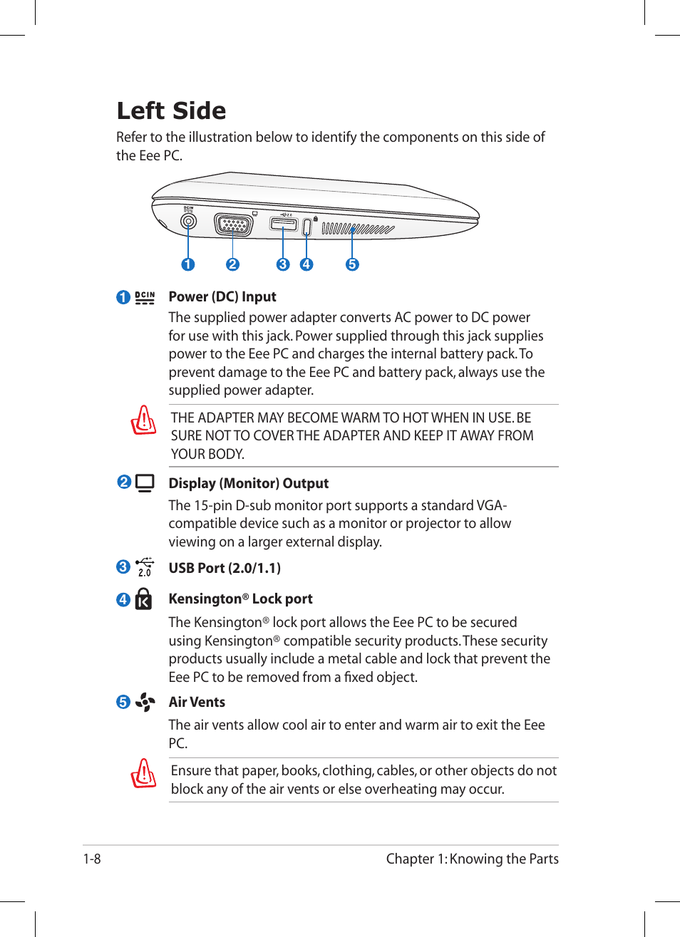 Left side, Left side -8 | Asus Eee PC 1005HA User Manual | Page 16 / 60