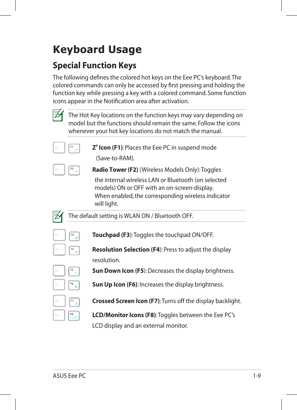 Keyboard usage, Keyboard usage -9, Special function keys | Asus Eee PC 1005HA User Manual | Page 17 / 60