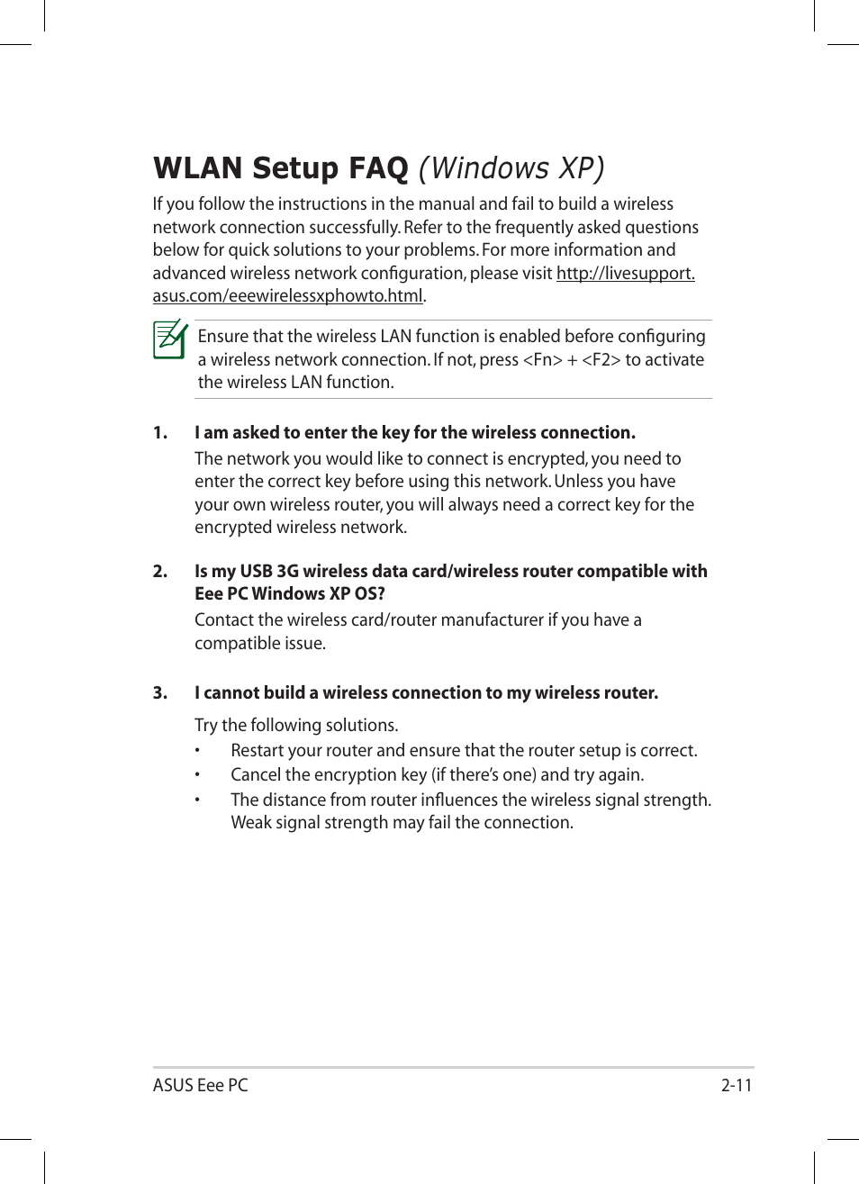 Wlan setup faq (windows xp), Wlan setup faq, Windows xp) -11 | Windows xp) | Asus Eee PC 1005HA User Manual | Page 31 / 60