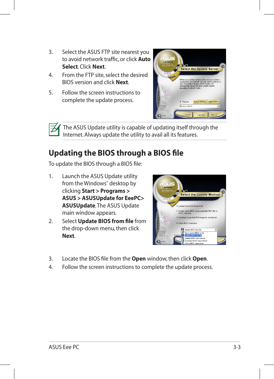 Updating the bios through a bios file, Updating the bios through a bios file -3 | Asus Eee PC 1005HA User Manual | Page 35 / 60