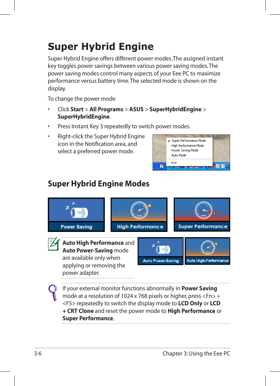 Super hybrid engine, Super hybrid engine -6, Super hybrid engine modes | Asus Eee PC 1005HA User Manual | Page 38 / 60