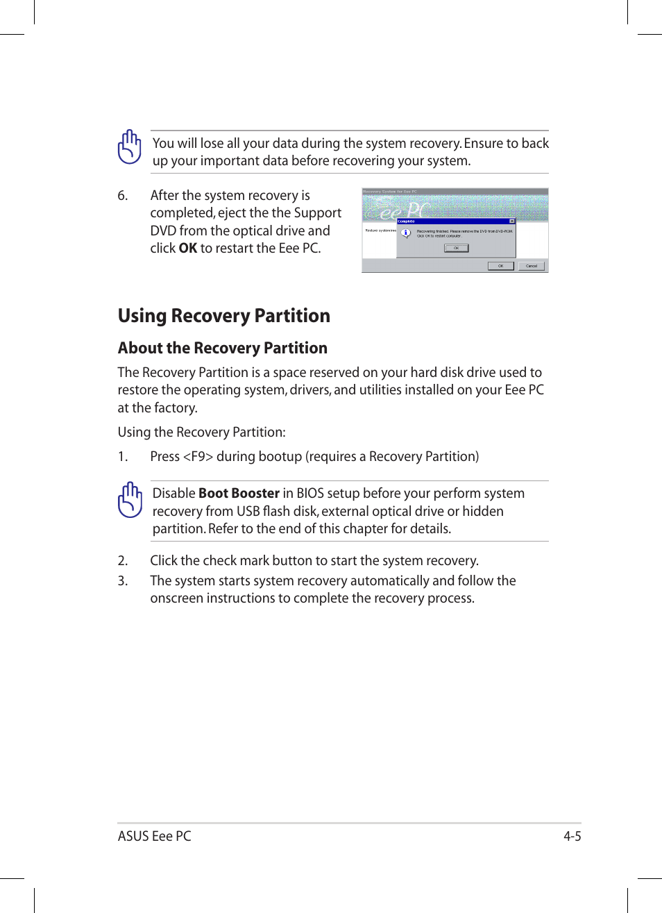 Using recovery partition, Using recovery partition -5 | Asus Eee PC 1005HA User Manual | Page 47 / 60