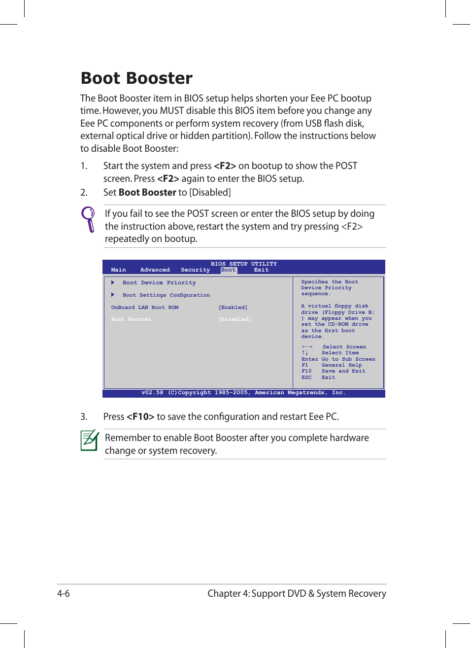 Boot booster, Boot booster -6, Chapter 4: support dvd & system recovery 4-6 | Asus Eee PC 1005HA User Manual | Page 48 / 60