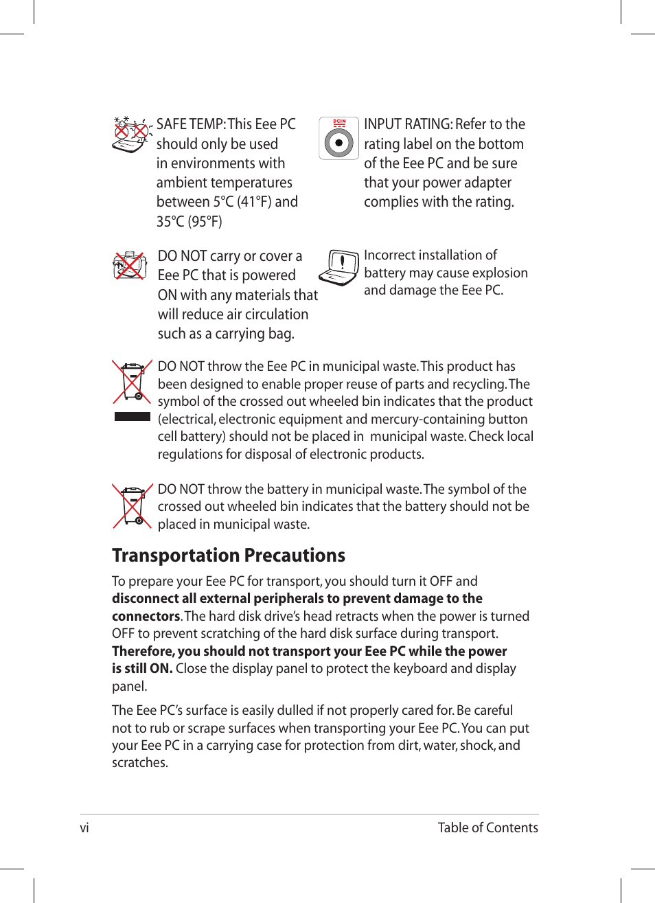 Transportation precautions | Asus Eee PC 1005HA User Manual | Page 6 / 60