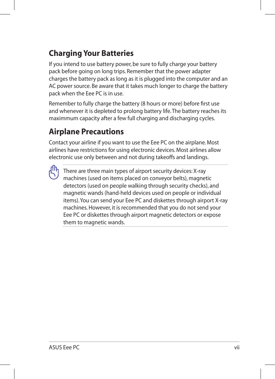 Charging your batteries, Airplane precautions | Asus Eee PC 1005HA User Manual | Page 7 / 60