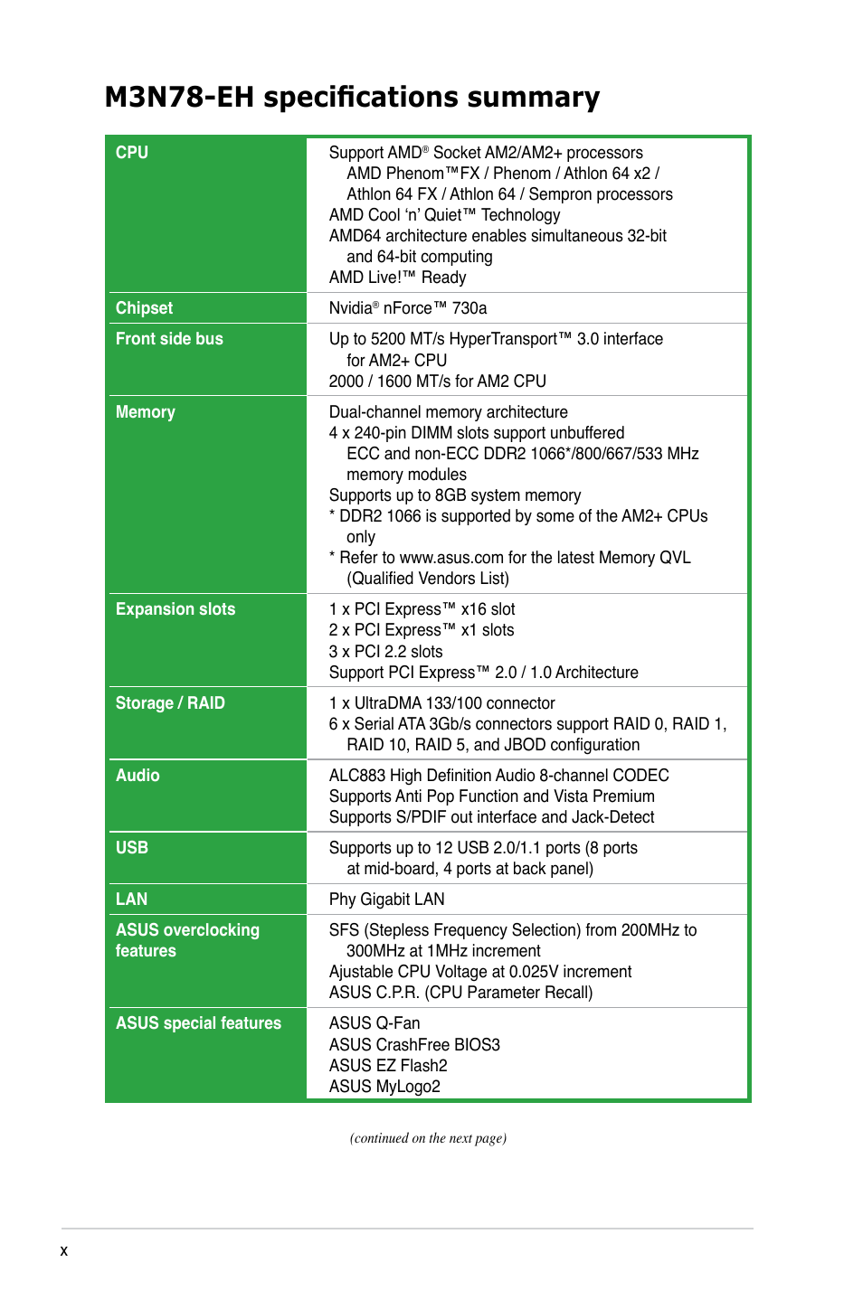 M3n78-eh specifications summary | Asus M3N78-EH User Manual | Page 10 / 94
