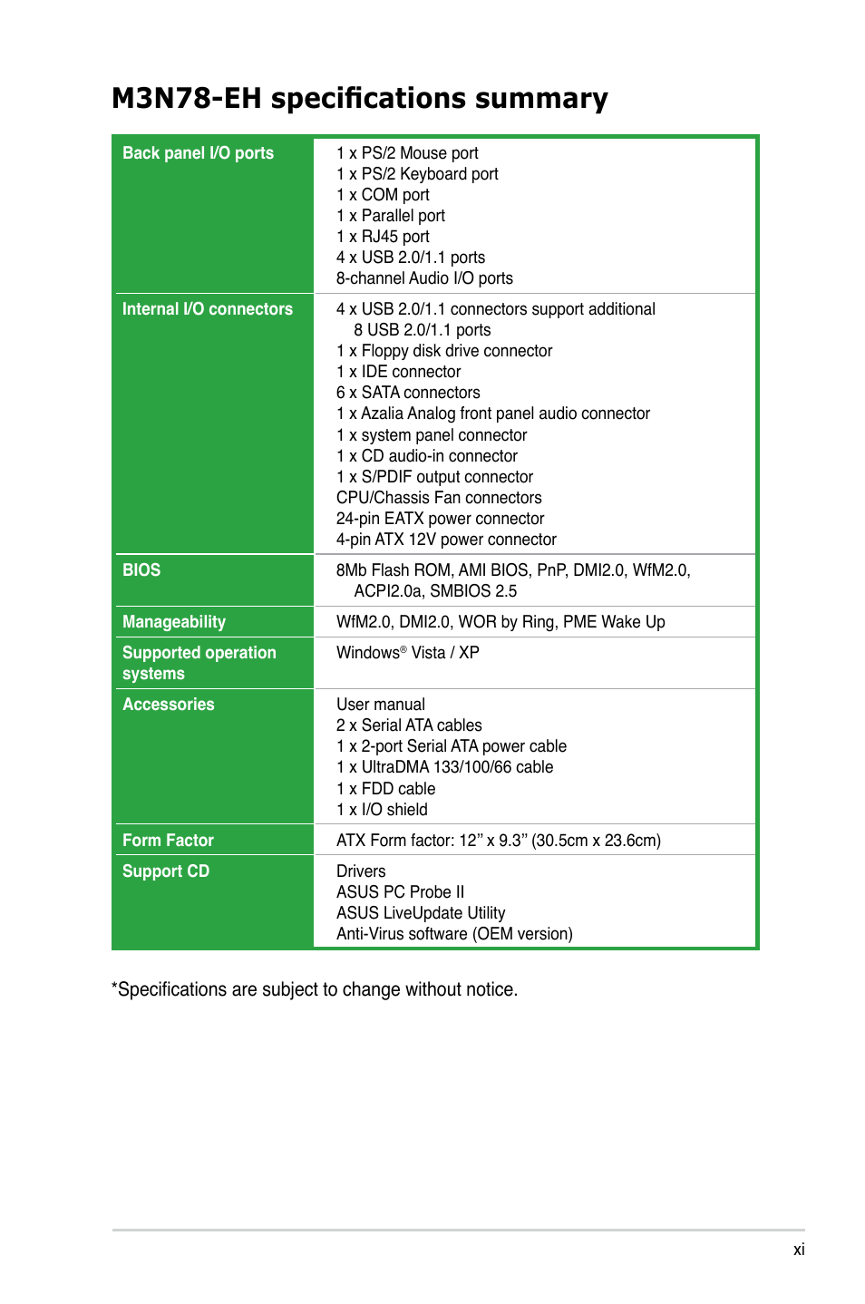 M3n78-eh specifications summary | Asus M3N78-EH User Manual | Page 11 / 94