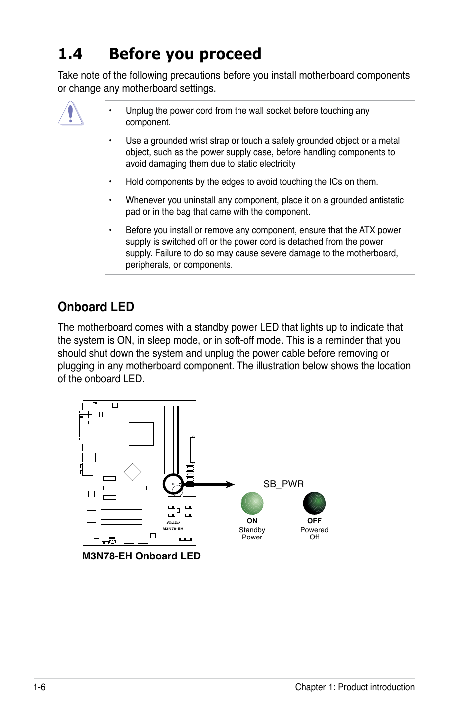 4 before you proceed, Onboard led | Asus M3N78-EH User Manual | Page 18 / 94