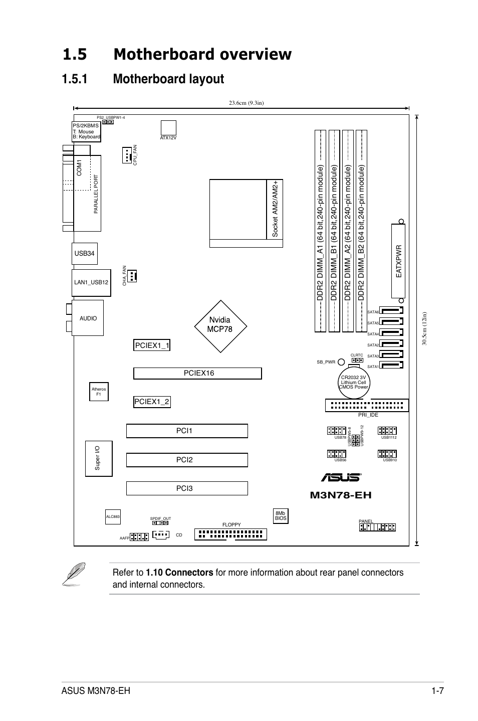 5 motherboard overview, 1 motherboard layout, M3n78-eh | Asus M3N78-EH User Manual | Page 19 / 94