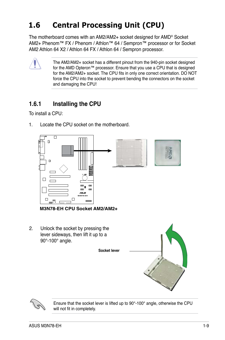 6 central processing unit (cpu), 1 installing the cpu | Asus M3N78-EH User Manual | Page 21 / 94
