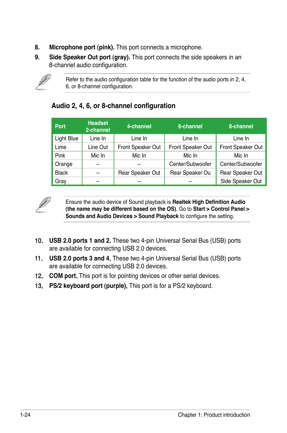 Audio 2, 4, 6, or 8-channel configuration | Asus M3N78-EH User Manual | Page 36 / 94