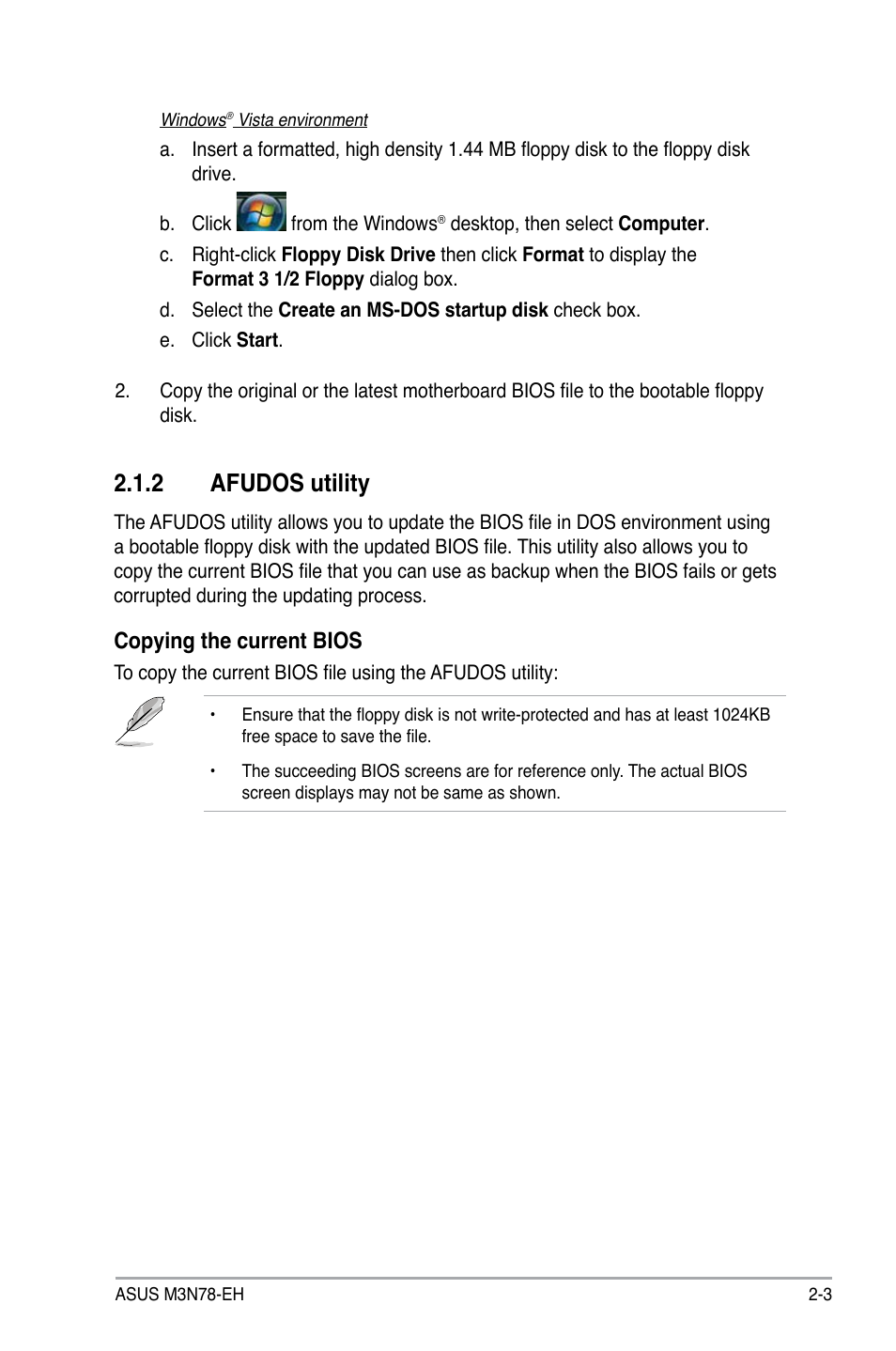 2 afudos utility, Copying the current bios | Asus M3N78-EH User Manual | Page 47 / 94