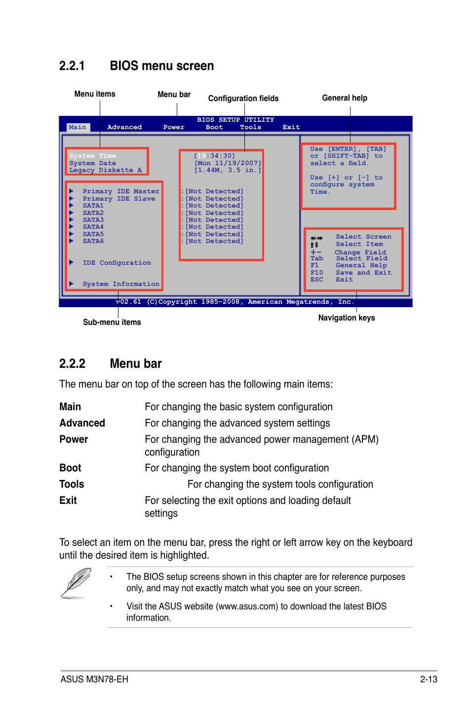 1 bios menu screen 2.2.2 menu bar | Asus M3N78-EH User Manual | Page 57 / 94