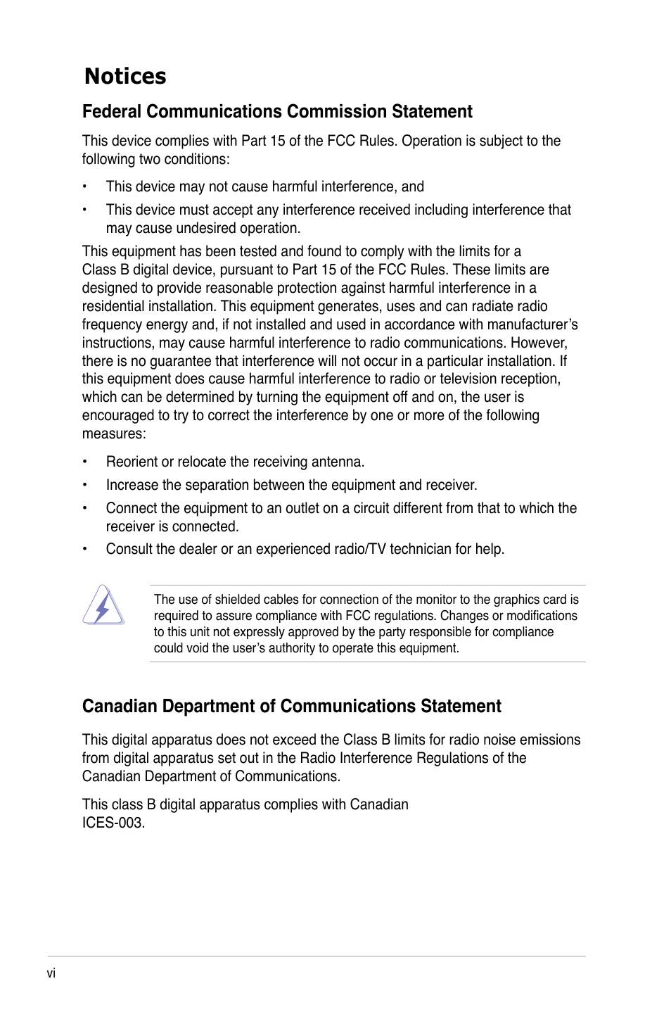 Notices, Federal communications commission statement, Canadian department of communications statement | Asus M3N78-EH User Manual | Page 6 / 94