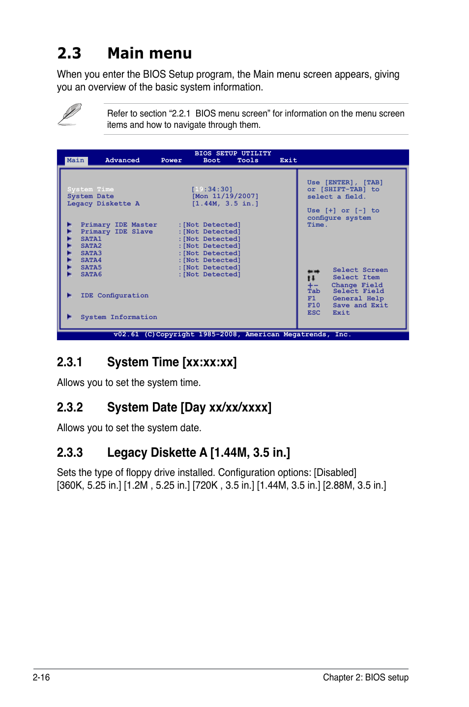 3 main menu, 1 system time [xx:xx:xx, Allows you to set the system time | Allows you to set the system date | Asus M3N78-EH User Manual | Page 60 / 94