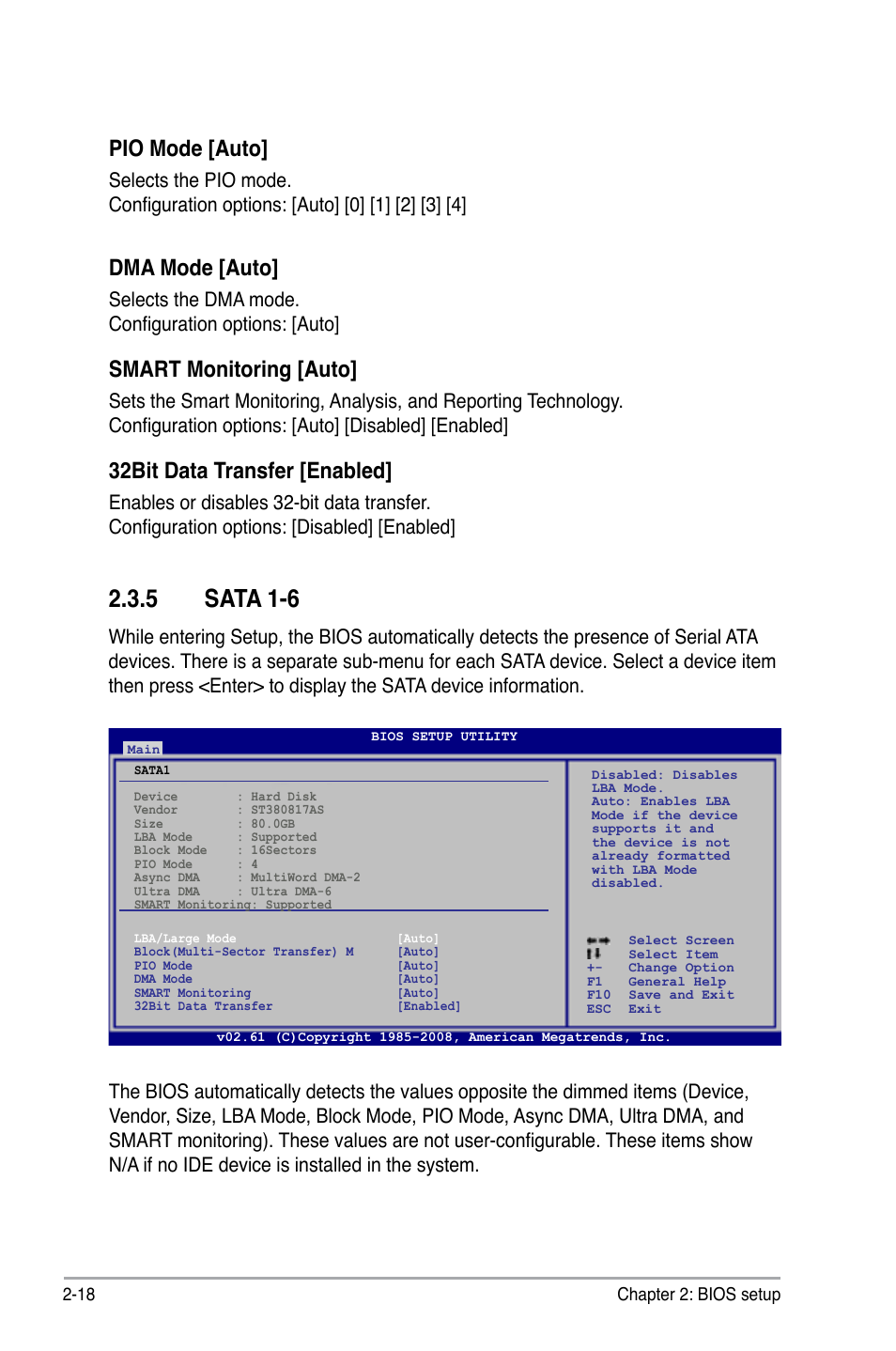 5 sata 1-6, Dma mode [auto, Smart monitoring [auto | 32bit data transfer [enabled, Pio mode [auto, Selects the dma mode. configuration options: [auto | Asus M3N78-EH User Manual | Page 62 / 94