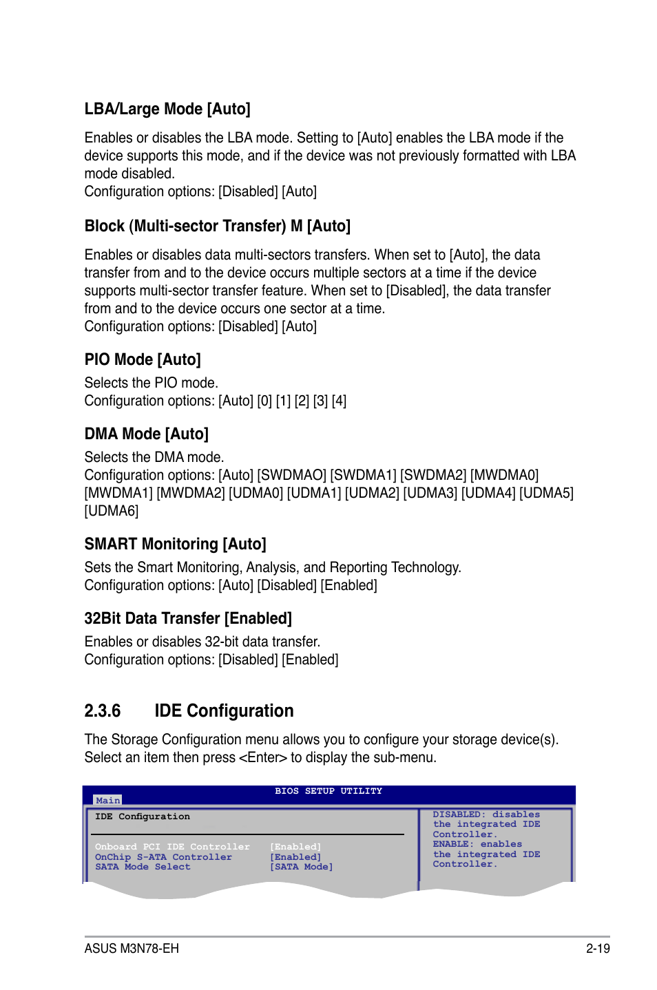 6 ide configuration, Lba/large mode [auto, Block (multi-sector transfer) m [auto | Pio mode [auto, Dma mode [auto, Smart monitoring [auto, 32bit data transfer [enabled | Asus M3N78-EH User Manual | Page 63 / 94