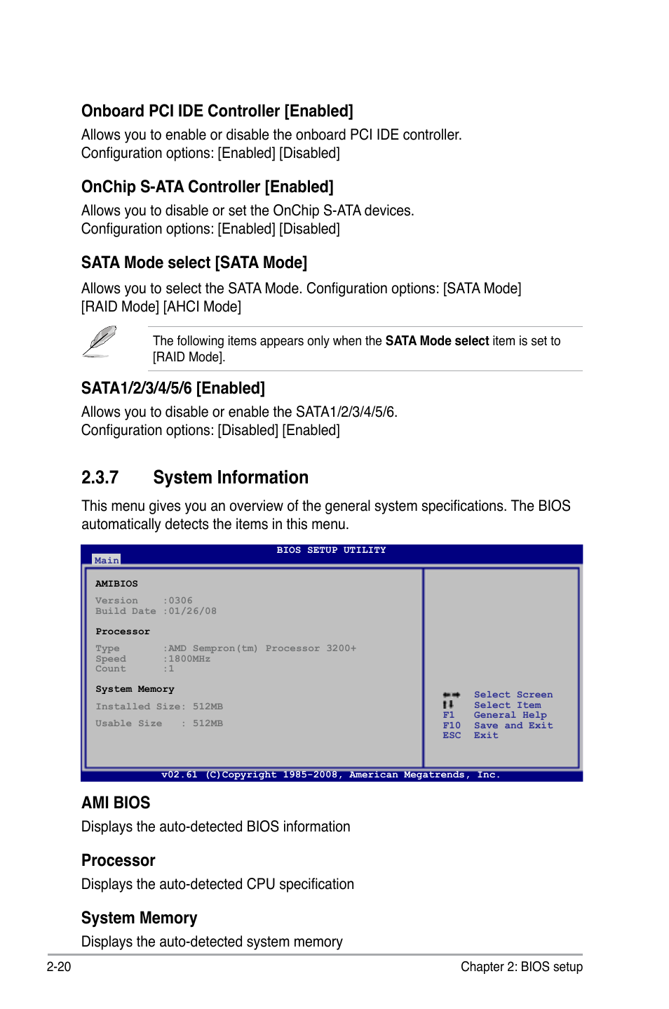 7 system information, Onboard pci ide controller [enabled, Onchip s-ata controller [enabled | Sata mode select [sata mode, Ami bios, Processor | Asus M3N78-EH User Manual | Page 64 / 94