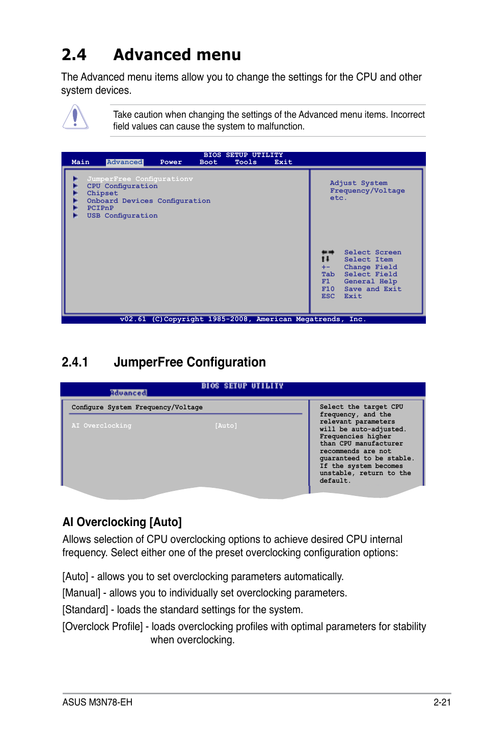 4 advanced menu, 1 jumperfree configuration, Ai overclocking [auto | Asus M3N78-EH User Manual | Page 65 / 94