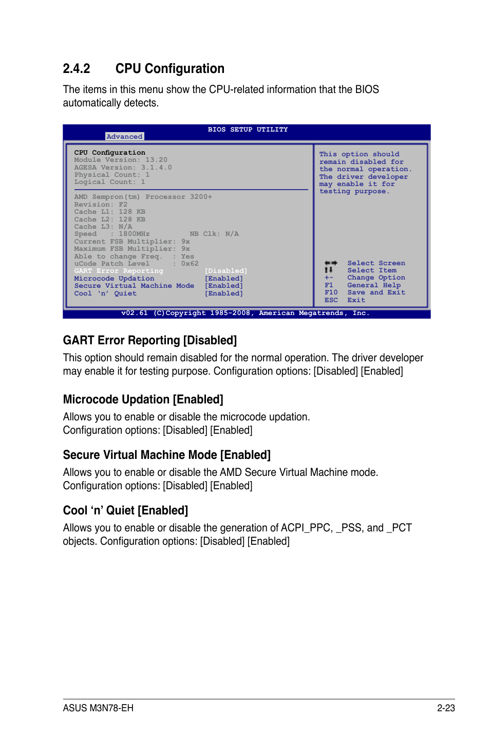 2 cpu configuration, Gart error reporting [disabled, Microcode updation [enabled | Secure virtual machine mode [enabled, Cool ‘n’ quiet [enabled | Asus M3N78-EH User Manual | Page 67 / 94