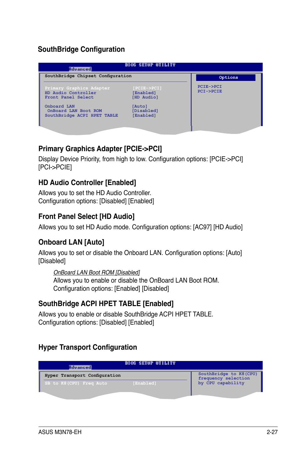 Southbridge configuration, Primary graphics adapter [pcie->pci, Hd audio controller [enabled | Front panel select [hd audio, Onboard lan [auto, Southbridge acpi hpet table [enabled, Hyper transport configuration | Asus M3N78-EH User Manual | Page 71 / 94