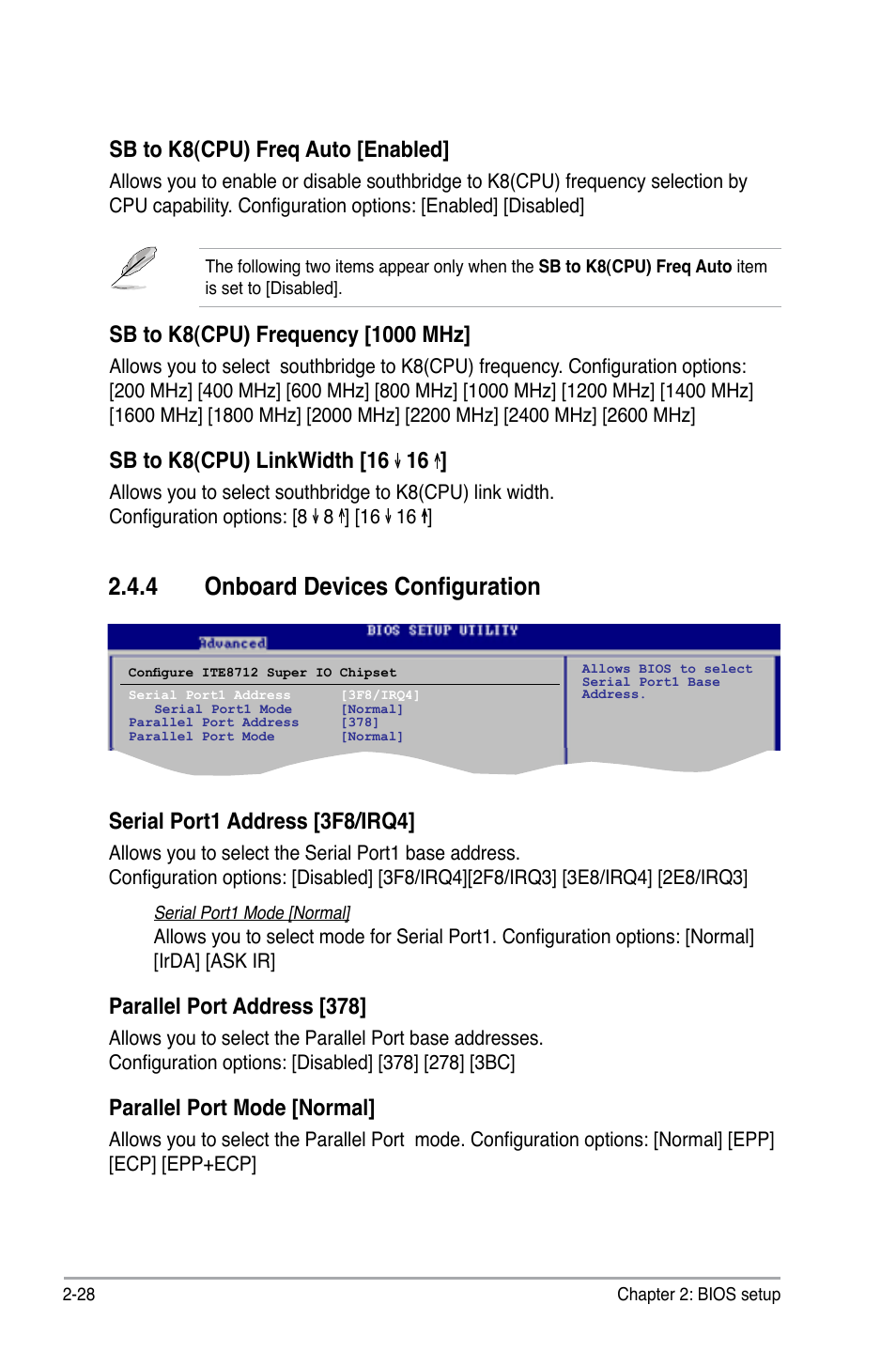 4 onboard devices configuration, Sb to k8(cpu) freq auto [enabled, Serial port1 address [3f8/irq4 | Parallel port address [378, Parallel port mode [normal | Asus M3N78-EH User Manual | Page 72 / 94