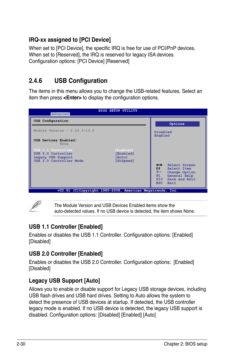 6 usb configuration, Irq-xx assigned to [pci device, Usb 1.1 controller [enabled | Usb 2.0 controller [enabled, Legacy usb support [auto | Asus M3N78-EH User Manual | Page 74 / 94
