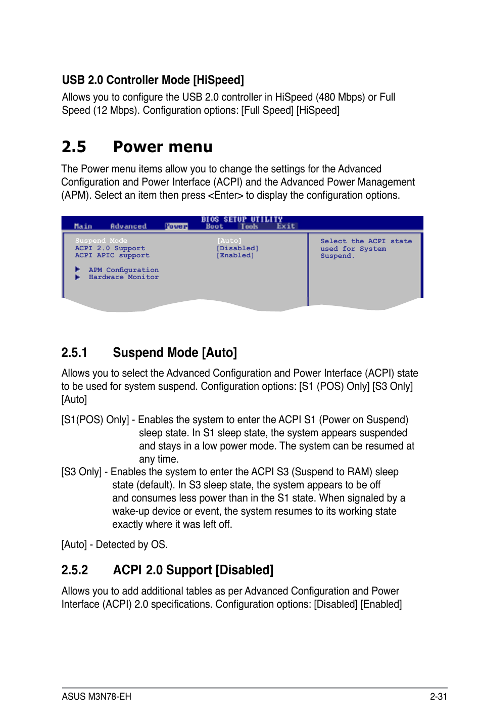 5 power menu, 1 suspend mode [auto, 2 acpi | 0 support [disabled, Usb 2.0 controller mode [hispeed | Asus M3N78-EH User Manual | Page 75 / 94