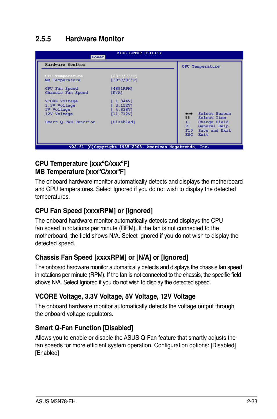 5 hardware monitor, Smart q-fan function [disabled | Asus M3N78-EH User Manual | Page 77 / 94