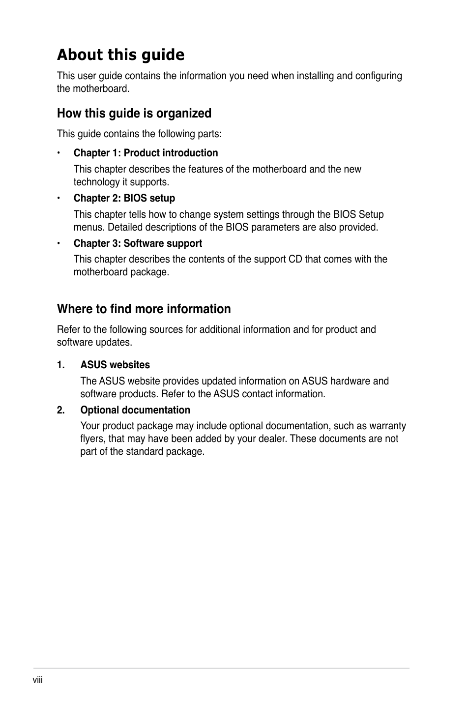 About this guide, How this guide is organized, Where to find more information | Asus M3N78-EH User Manual | Page 8 / 94