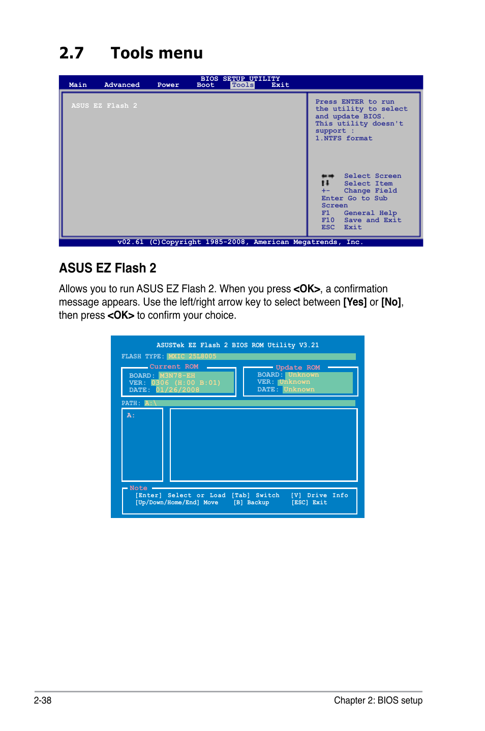 7 tools menu, Asus ez flash 2, 38 chapter 2: bios setup | Asus M3N78-EH User Manual | Page 82 / 94