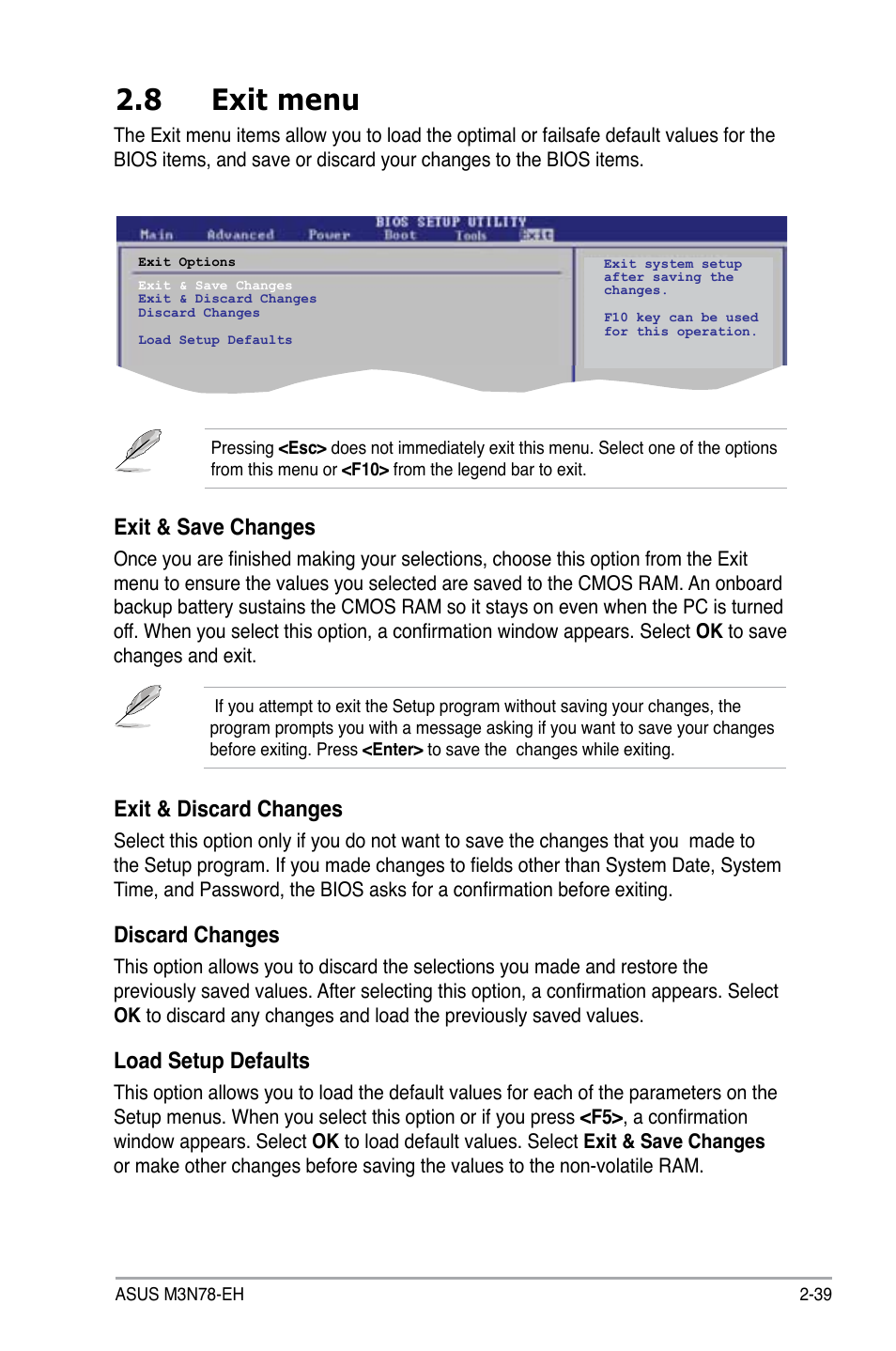 8 exit menu, Exit & discard changes, Discard changes | Load setup defaults, Exit & save changes | Asus M3N78-EH User Manual | Page 83 / 94