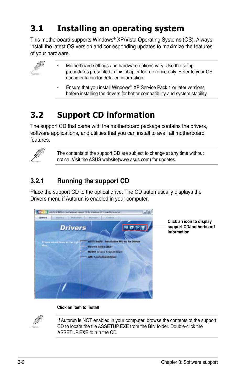 1 installing an operating system, 2 support cd information, 1 running the support cd | Asus M3N78-EH User Manual | Page 86 / 94
