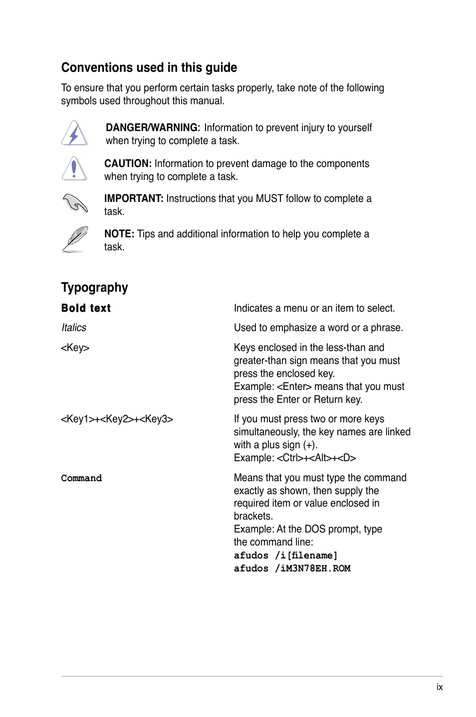 Conventions used in this guide, Typography | Asus M3N78-EH User Manual | Page 9 / 94