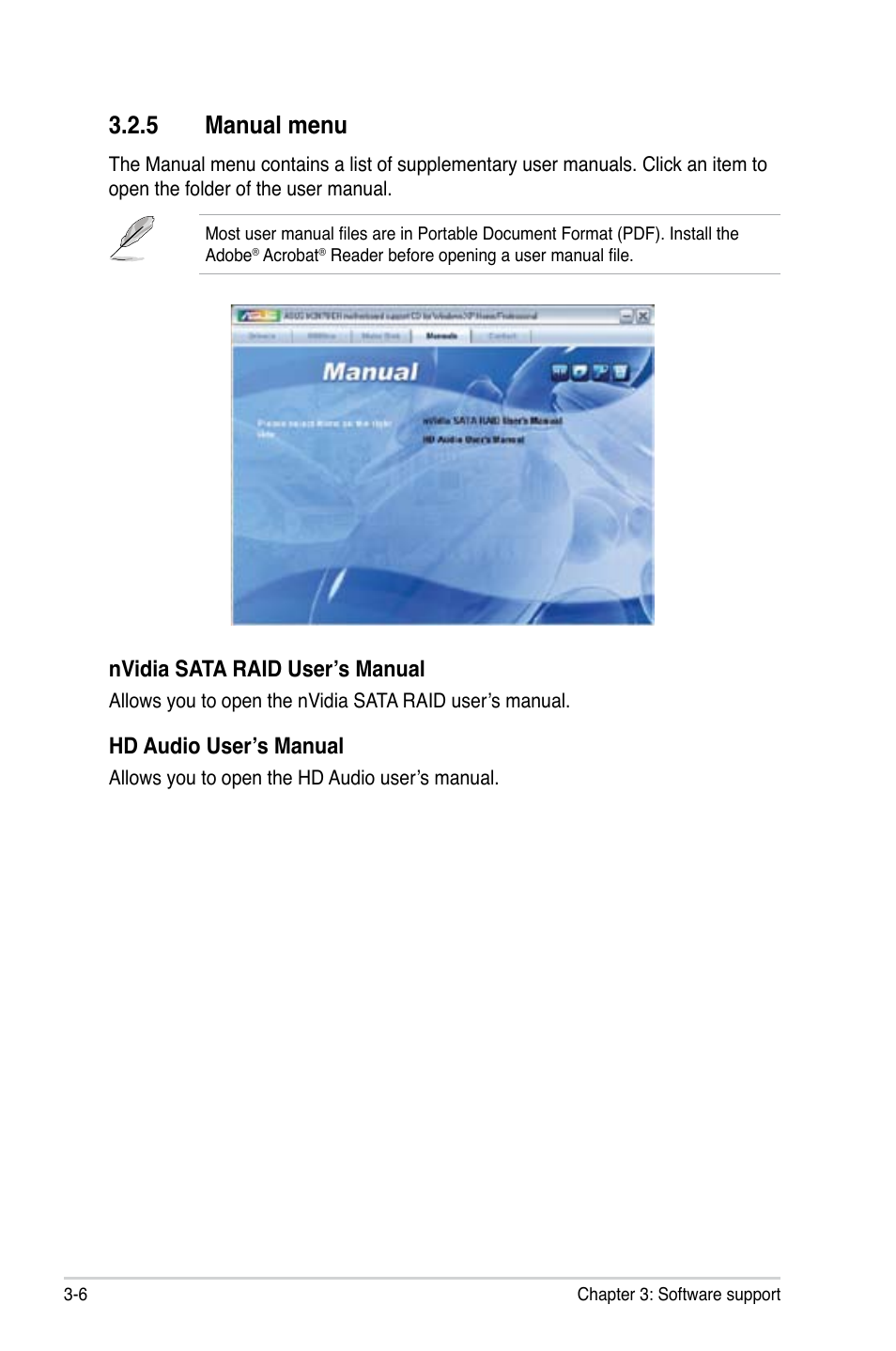 5 manual menu, Nvidia sata raid user’s manual, Hd audio user’s manual | Asus M3N78-EH User Manual | Page 90 / 94