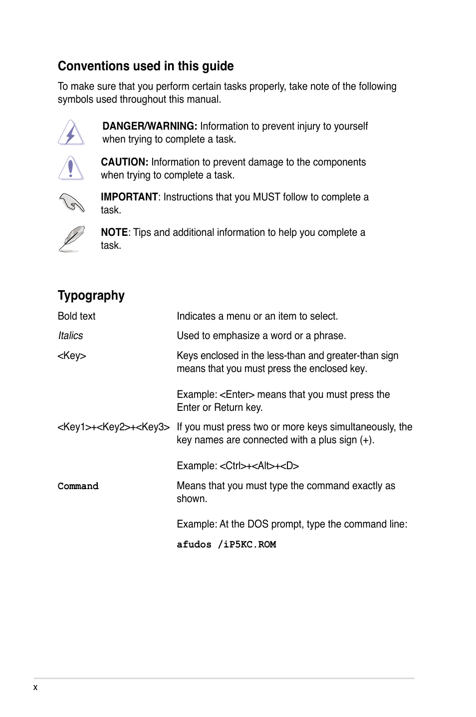 Conventions used in this guide, Typography | Asus P5KC User Manual | Page 10 / 154