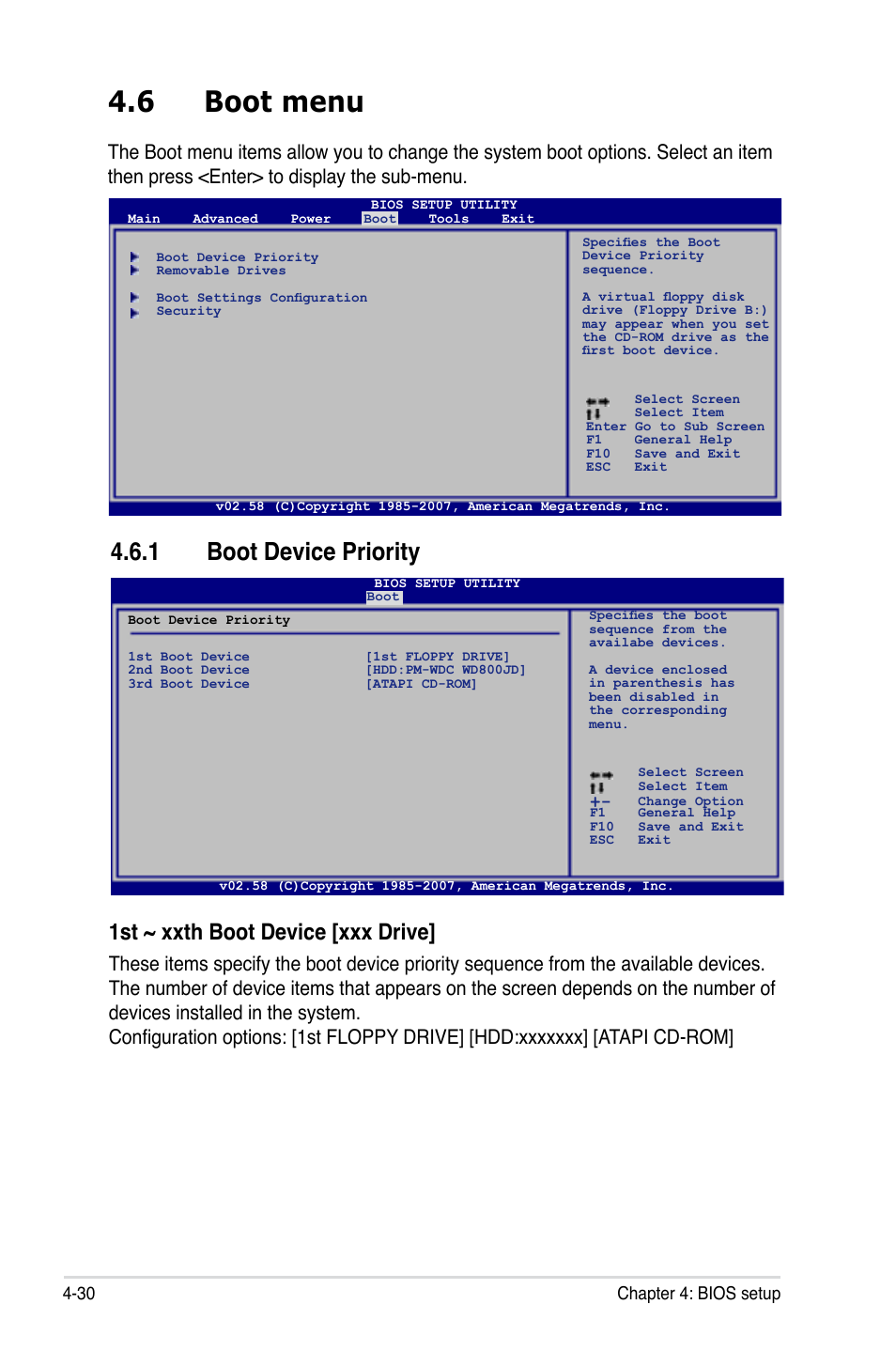 6 boot menu, 1 boot device priority, 1st ~ xxth boot device [xxx drive | Asus P5KC User Manual | Page 100 / 154