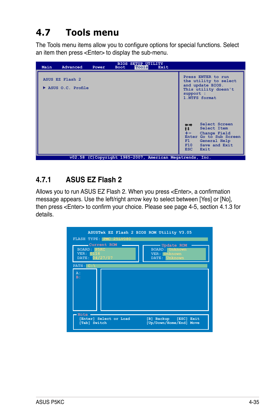 7 tools menu, 1 asus ez flash 2 | Asus P5KC User Manual | Page 105 / 154